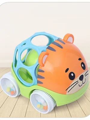 Premium Tiger Free Wheel Car Cum Orange Rattle Toy| Fun, Flexible, and Soothing Rattle Toy for Kids|Gifting Toy| Child Safe Material| Improves Motor Skills| Early Development Toys for 3+ Months| Non-Toxic| BIS Certified