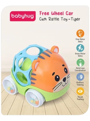 Premium Tiger Free Wheel Car Cum Orange Rattle Toy| Fun, Flexible, and Soothing Rattle Toy for Kids|Gifting Toy| Child Safe Material| Improves Motor Skills| Early Development Toys for 3+ Months| Non-Toxic| BIS Certified