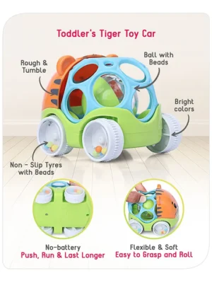 Premium Tiger Free Wheel Car Cum Orange Rattle Toy| Fun, Flexible, and Soothing Rattle Toy for Kids|Gifting Toy| Child Safe Material| Improves Motor Skills| Early Development Toys for 3+ Months| Non-Toxic| BIS Certified