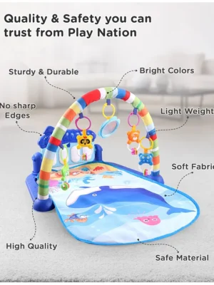 Premium Baby Kick and Play Piano Blue Play Gym with Lights, Music and 5 Hanging Rattles| Aquatic Theme Play Mat Carpet with Musical Keyboard| Activity Portable Playmat Gifting Toy for 0-18 Months| BIS Certified