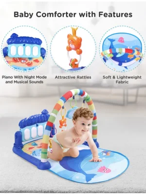 Premium Baby Kick and Play Piano Blue Play Gym with Lights, Music and 5 Hanging Rattles| Aquatic Theme Play Mat Carpet with Musical Keyboard| Activity Portable Playmat Gifting Toy for 0-18 Months| BIS Certified